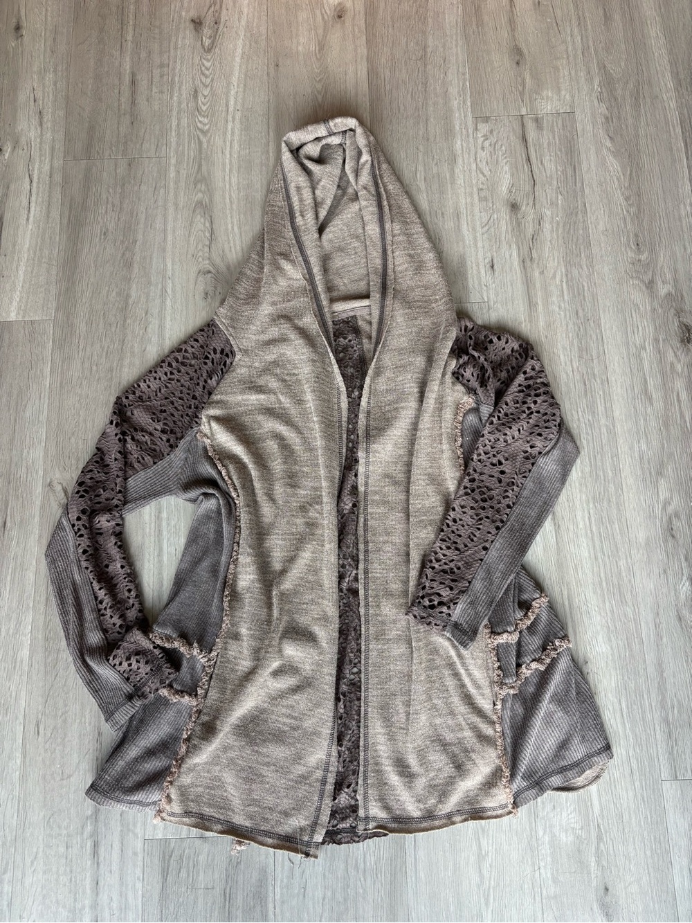 Miss Me Brown Hooded Crochet-Trim Open Cardigan